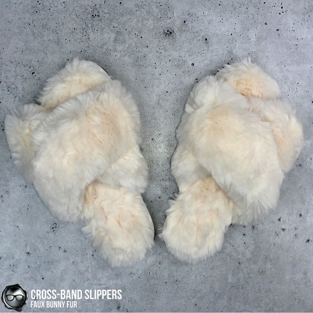 FUZZY FAUX BUNNY FUR CROSS BAND SLIPPERS IN IVORY NON-SLIP SIZE SMALL 5.5 - 6.5